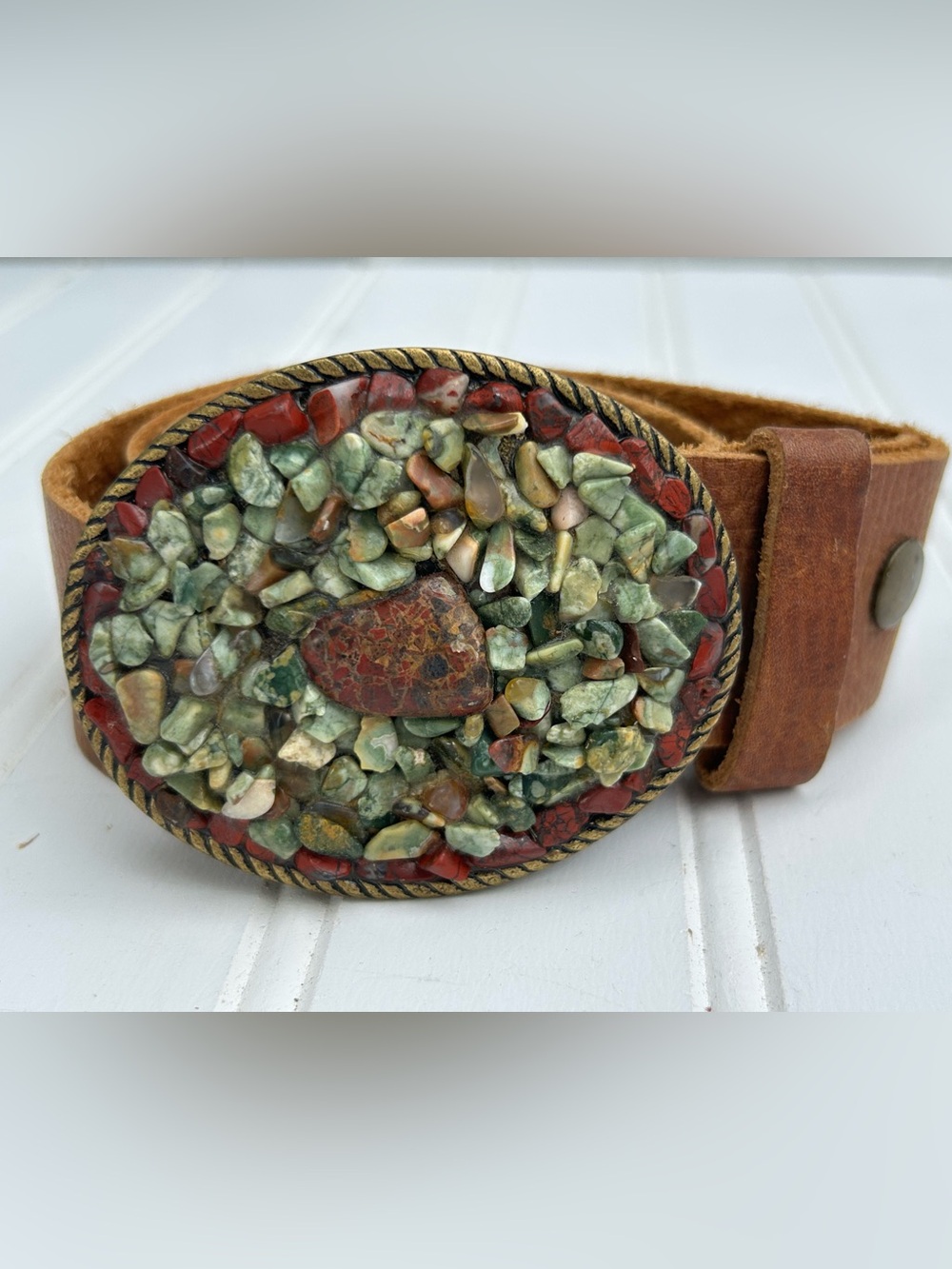 Leatherock Belt Leather Green Brown Stone Rock Mosaic Buckle Bras Made USA 42”